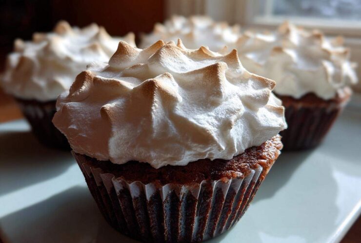 Close-up of a rich chocolate cupcake topped with fluffy, toasted meringue, one of several hot chocolate cupcakes.