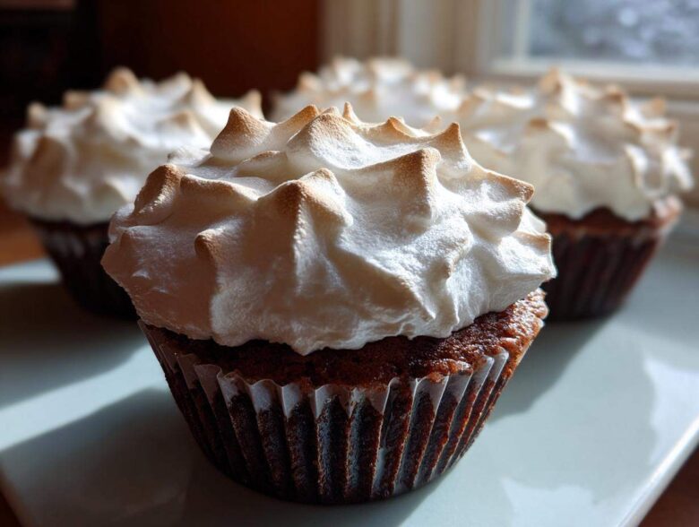 Close-up of a rich chocolate cupcake topped with fluffy, toasted meringue, one of several hot chocolate cupcakes.