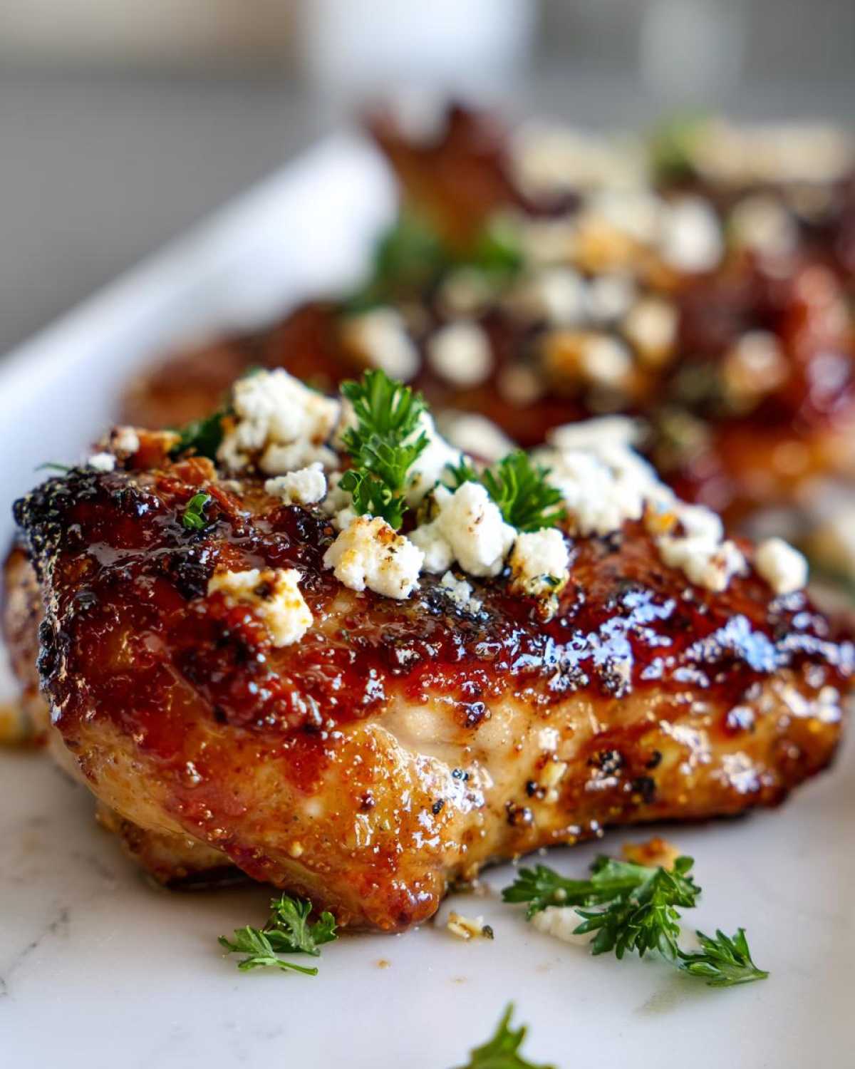 Close-up of a glazed hot honey feta chicken breast topped with crumbled feta and fresh parsley.