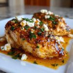 Close-up of a juicy hot honey feta chicken breast covered in a sticky glaze, topped with crumbled feta and parsley.