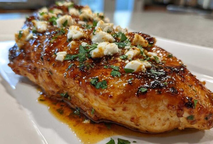 A juicy chicken breast covered in a shiny hot honey glaze, topped with crumbled feta cheese and fresh parsley.