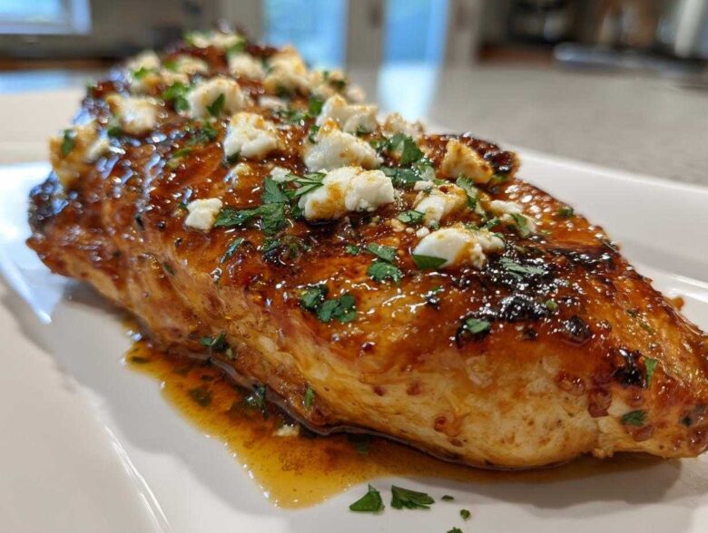 A juicy chicken breast covered in a shiny hot honey glaze, topped with crumbled feta cheese and fresh parsley.