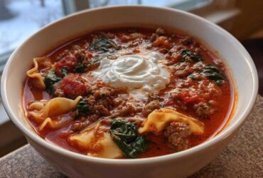 Close-up of a bowl of rich instant pot lasagna soup topped with a dollop of ricotta cheese.