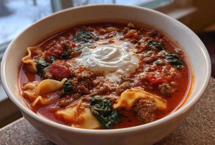 Close-up of a bowl of rich instant pot lasagna soup topped with a dollop of ricotta cheese.