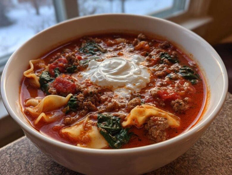 Close-up of a bowl of rich instant pot lasagna soup topped with a dollop of ricotta cheese.