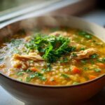 Close-up of a steaming bowl of Italian penicillin soup featuring shredded chicken, carrots, orzo, and fresh parsley garnish.