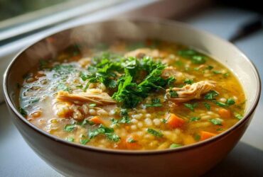 Close-up of a steaming bowl of Italian penicillin soup featuring shredded chicken, carrots, orzo, and fresh parsley garnish.