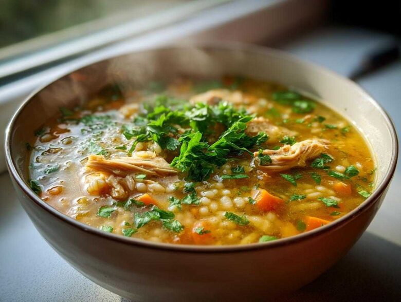 Close-up of a steaming bowl of Italian penicillin soup featuring shredded chicken, carrots, orzo, and fresh parsley garnish.