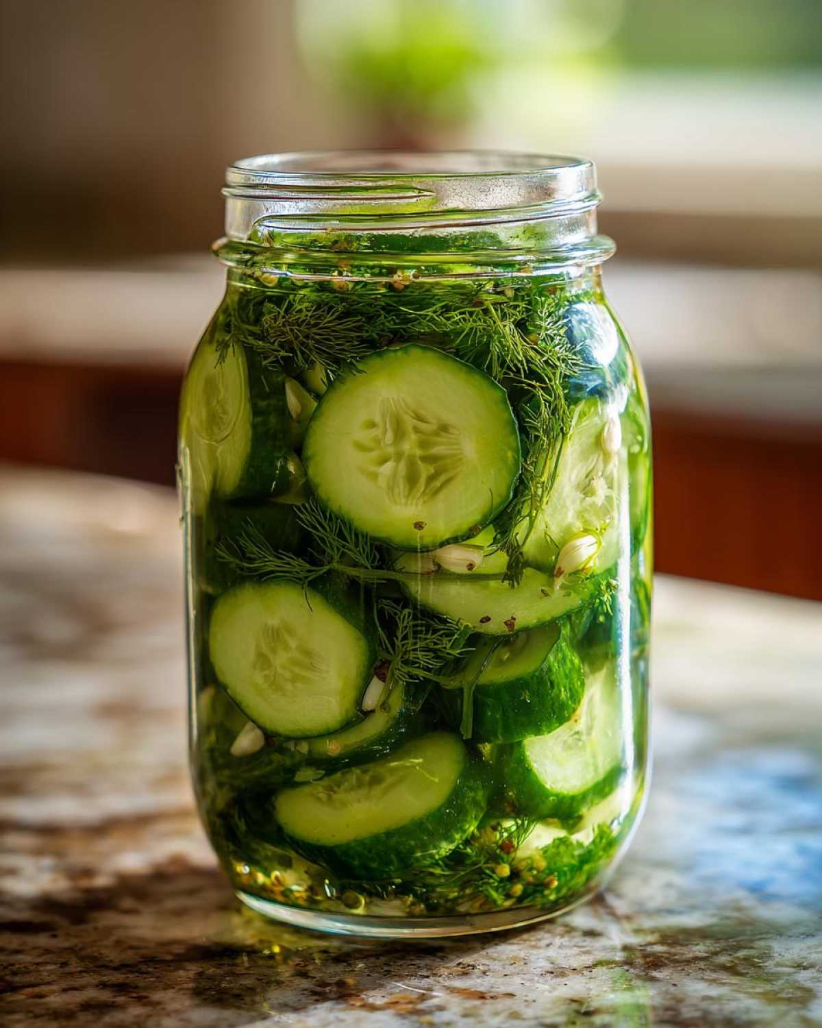A glass jar filled with fresh cucumber slices, dill, garlic, and spices for making refrigerator pickles.