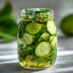 Close-up of sliced cucumbers and fresh dill steeping in brine inside a glass jar for refrigerator pickles.