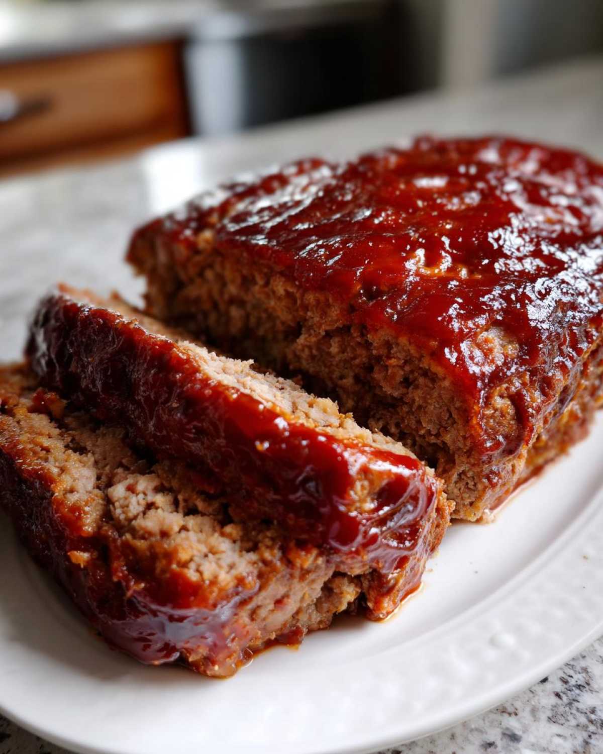 A close-up of a juicy classic meatloaf, sliced and covered in a thick, shiny tomato glaze.