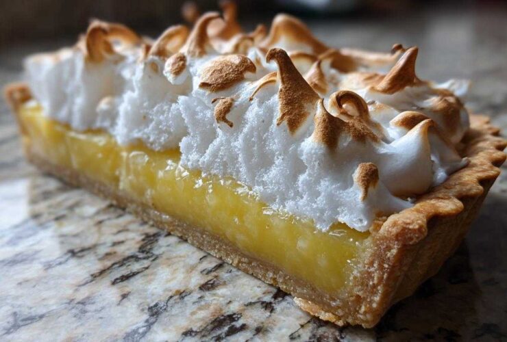 Close-up cross-section of a lemon meringue pie slice, showing bright yellow filling, crust, and fluffy, toasted meringue.