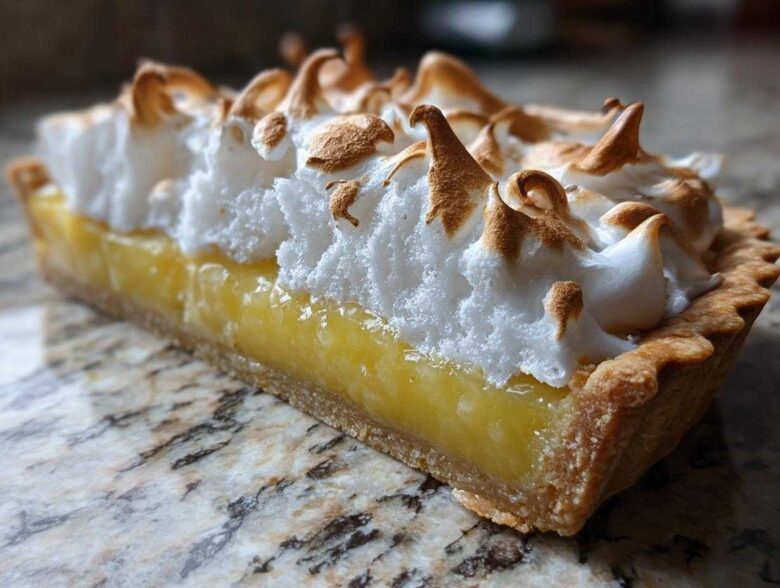 Close-up cross-section of a lemon meringue pie slice, showing bright yellow filling, crust, and fluffy, toasted meringue.