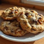 Close-up of three soft, loaded kitchen sink cookies piled on a white plate, featuring visible chocolate chunks and caramel pieces.