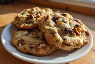 Close-up of three soft, loaded kitchen sink cookies piled on a white plate, featuring visible chocolate chunks and caramel pieces.
