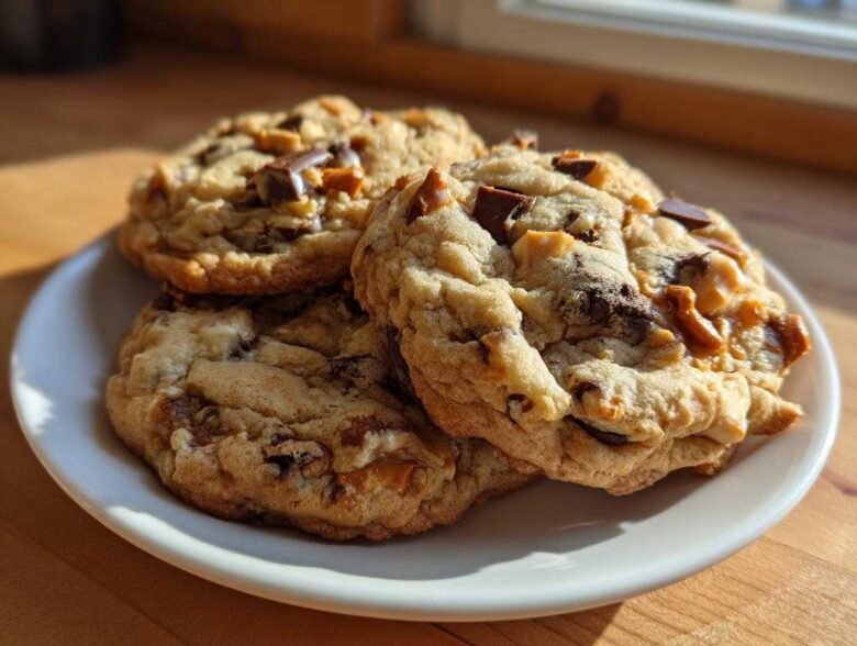 Close-up of three soft, loaded kitchen sink cookies piled on a white plate, featuring visible chocolate chunks and caramel pieces.