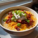 A close-up of a bowl of creamy potato soup recipe topped with bacon, cheddar cheese, sour cream, and green onions.