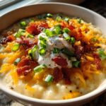 A close-up of a bowl of thick, creamy potato soup recipe topped generously with shredded cheddar, bacon bits, sour cream, and green onions.