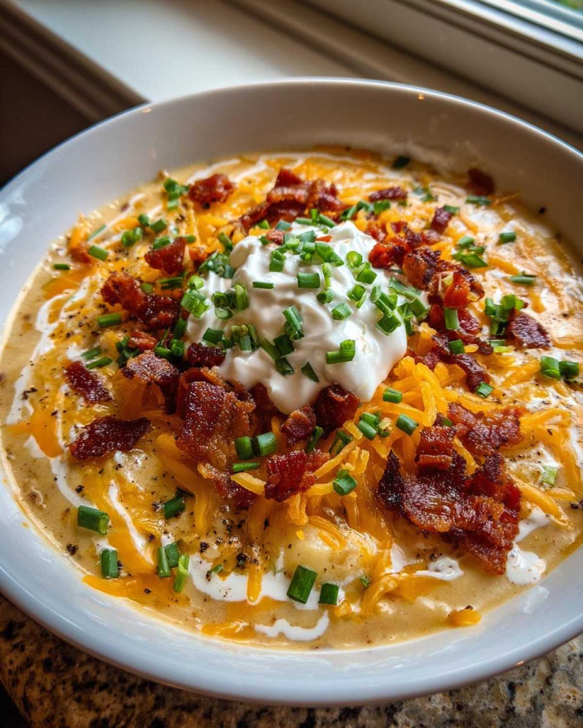 Close-up of a bowl of loaded potato soup recipe topped with sour cream, bacon, shredded cheese, and chives.
