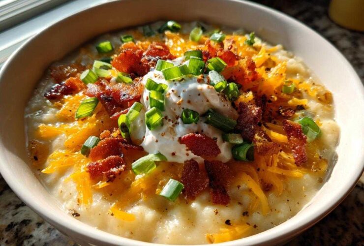 A close-up of a bowl of thick, creamy potato soup recipe topped generously with shredded cheddar, bacon bits, sour cream, and green onions.