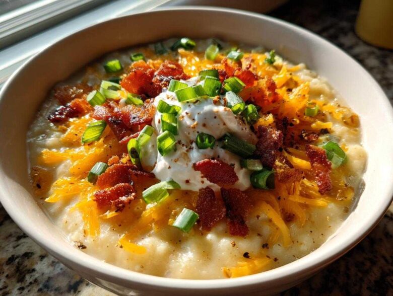A close-up of a bowl of thick, creamy potato soup recipe topped generously with shredded cheddar, bacon bits, sour cream, and green onions.