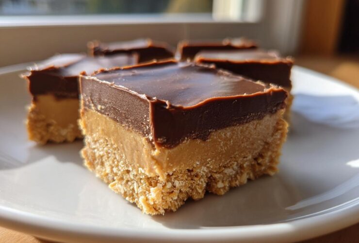 Close-up of three delicious lunch lady peanut butter bars with a chocolate topping on a white plate.