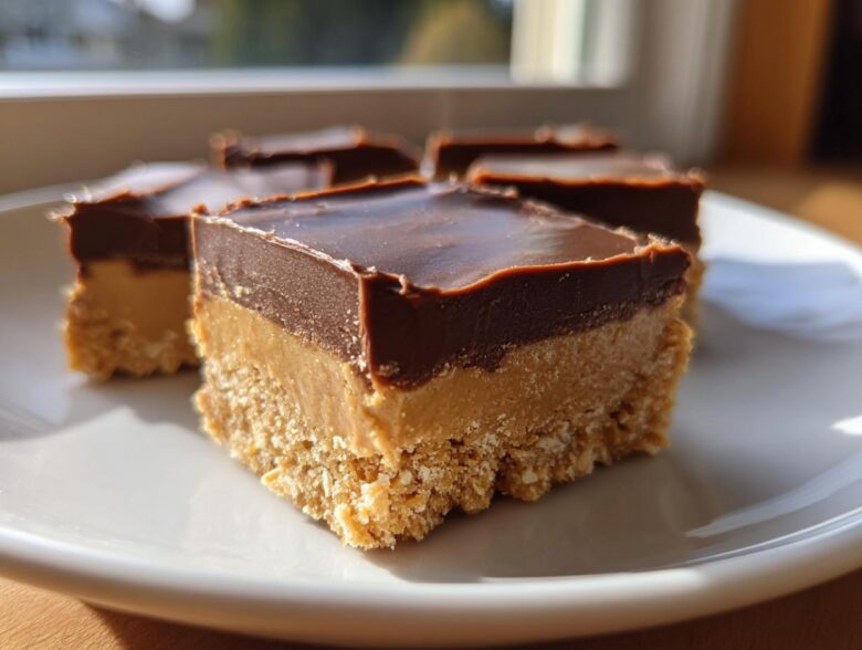 Close-up of three delicious lunch lady peanut butter bars with a chocolate topping on a white plate.