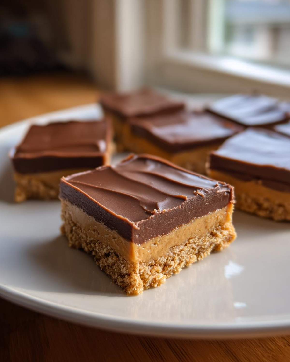 A close-up of a square lunch lady peanut butter bars with a thick chocolate topping on a light plate.