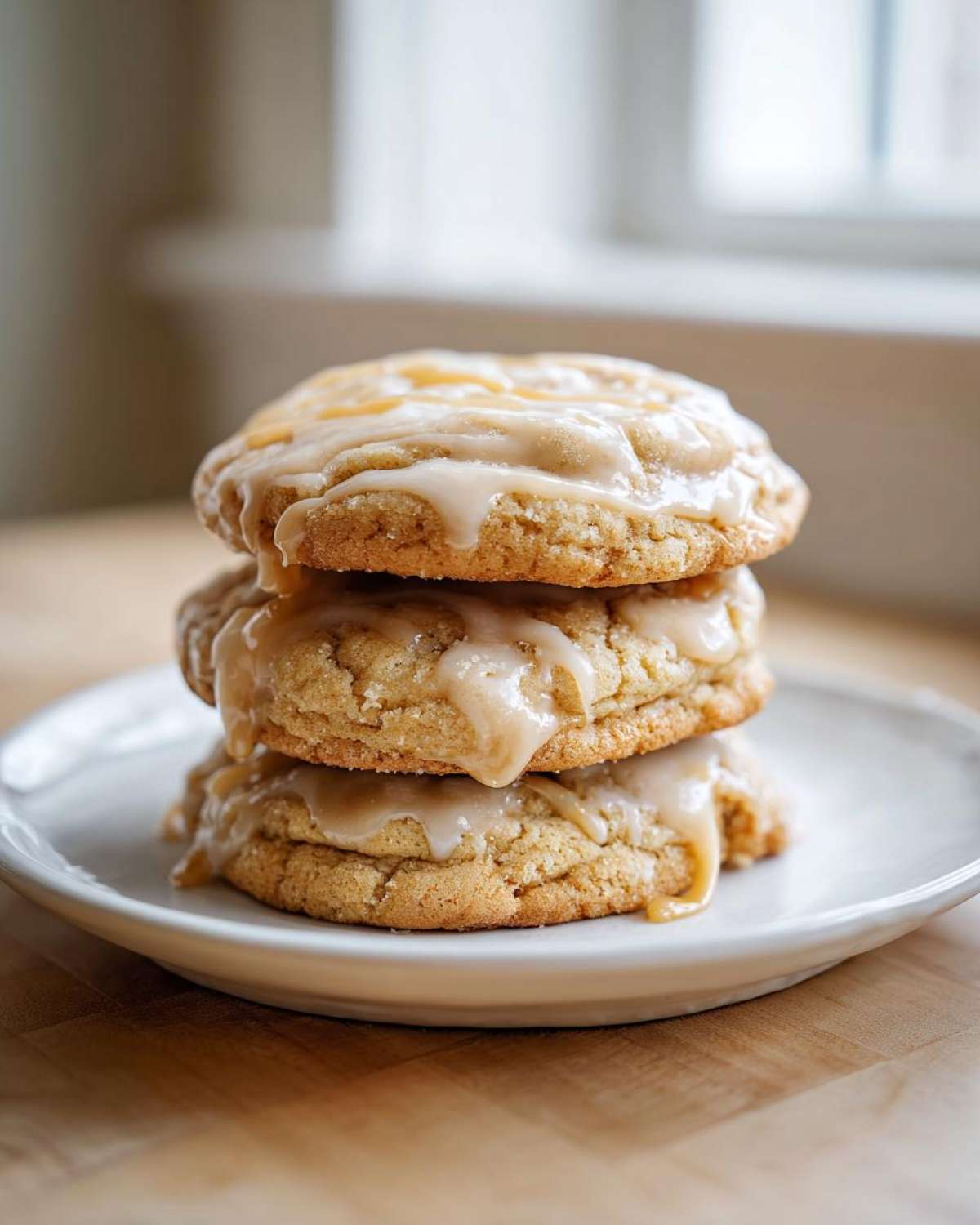Three soft maple brown sugar cookies stacked on a white plate, drizzled with a thick, light brown glaze.