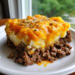 A close-up serving of meatloaf casserole featuring a layer of seasoned ground meat topped with mashed potatoes and melted cheddar cheese.