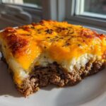 A close-up serving of meatloaf casserole featuring a layer of seasoned ground meat topped with mashed potatoes and melted cheddar cheese.