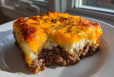 A close-up serving of meatloaf casserole featuring a layer of seasoned ground meat topped with mashed potatoes and melted cheddar cheese.