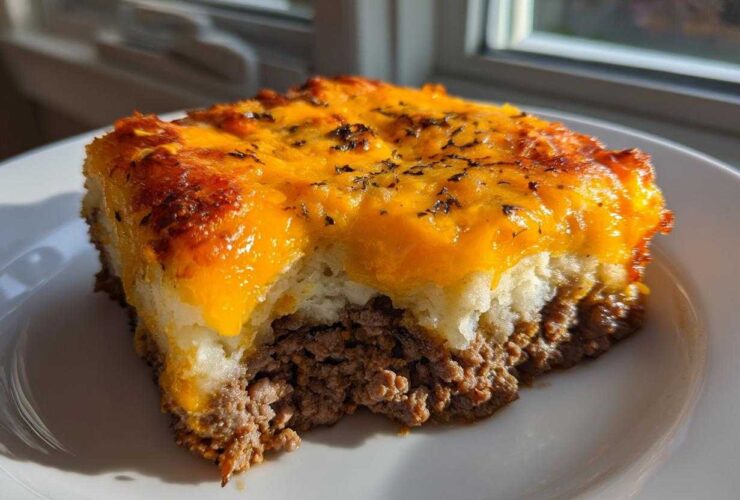 A close-up serving of meatloaf casserole featuring a layer of seasoned ground meat topped with mashed potatoes and melted cheddar cheese.