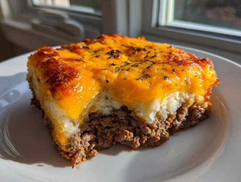 A close-up serving of meatloaf casserole featuring a layer of seasoned ground meat topped with mashed potatoes and melted cheddar cheese.