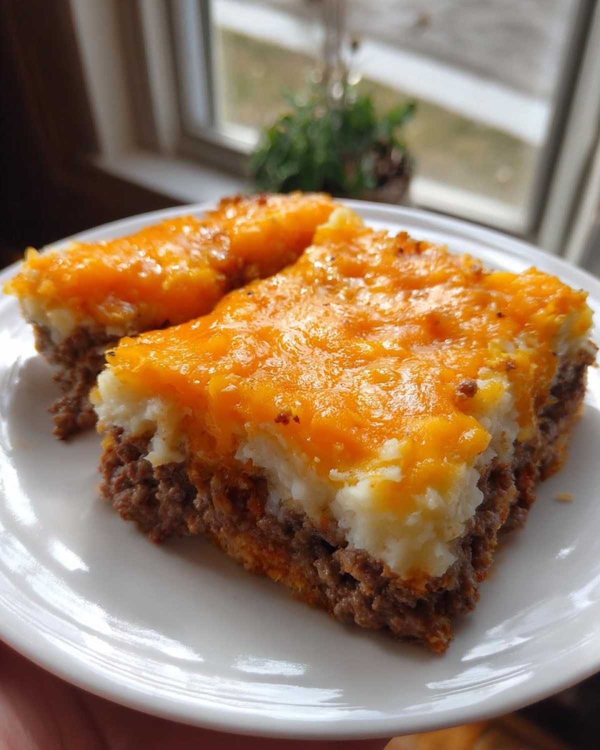 Two slices of meatloaf casserole featuring a ground meat base, mashed potatoes, and melted cheddar cheese topping.