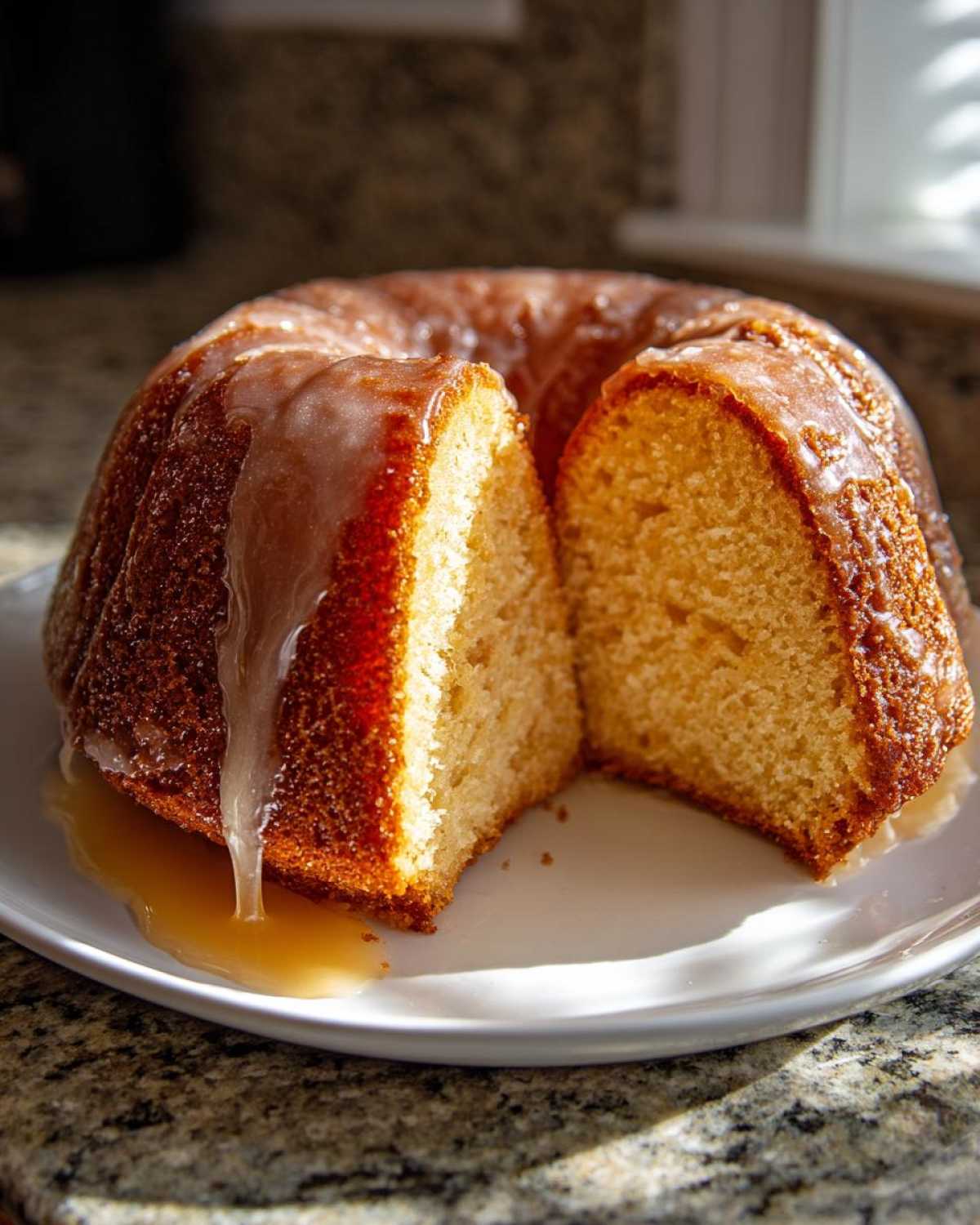 A rich, golden Bacardi Rum Cake with a thick glaze dripping down the side, resting on a white plate.