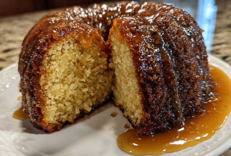 A slice cut from a moist Bacardi Rum Cake drizzled generously with a thick, amber caramel glaze.