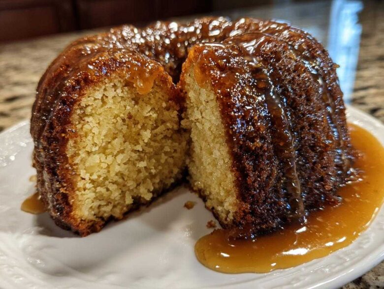 A slice cut from a moist Bacardi Rum Cake drizzled generously with a thick, amber caramel glaze.