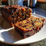 Close-up of a freshly baked, moist fruit cake loaf with one slice cut and resting beside it on a white plate.