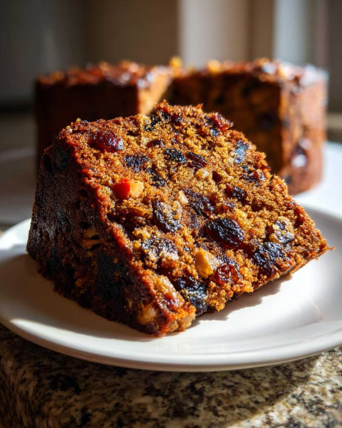 Close-up of a moist slice of rich fruit cake, packed with dried fruits and nuts, served on a white plate.