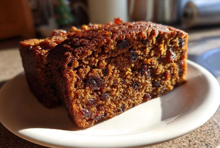 Close-up of a moist, dark slice of fruit cake loaded with dried fruit, sitting on a white plate.