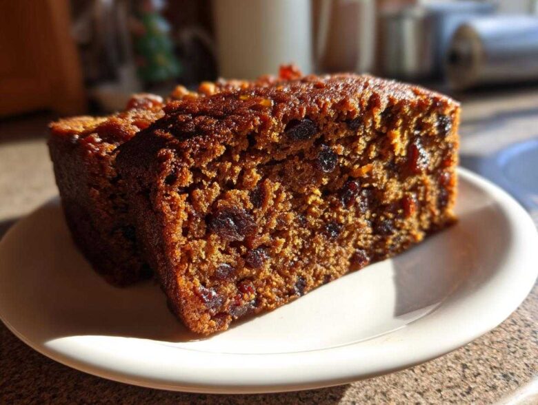 Close-up of a moist, dark slice of fruit cake loaded with dried fruit, sitting on a white plate.