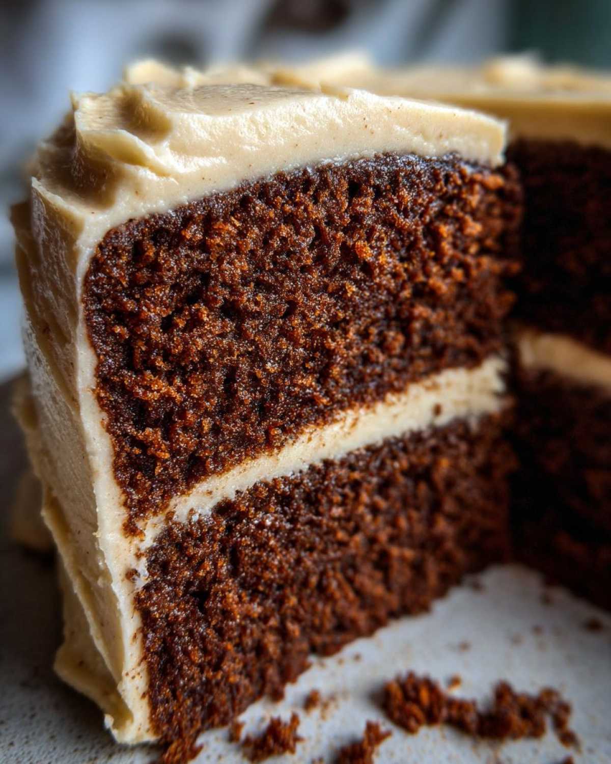 Close-up of a rich, dark slice of moist gingerbread cake showing two layers separated by frosting.