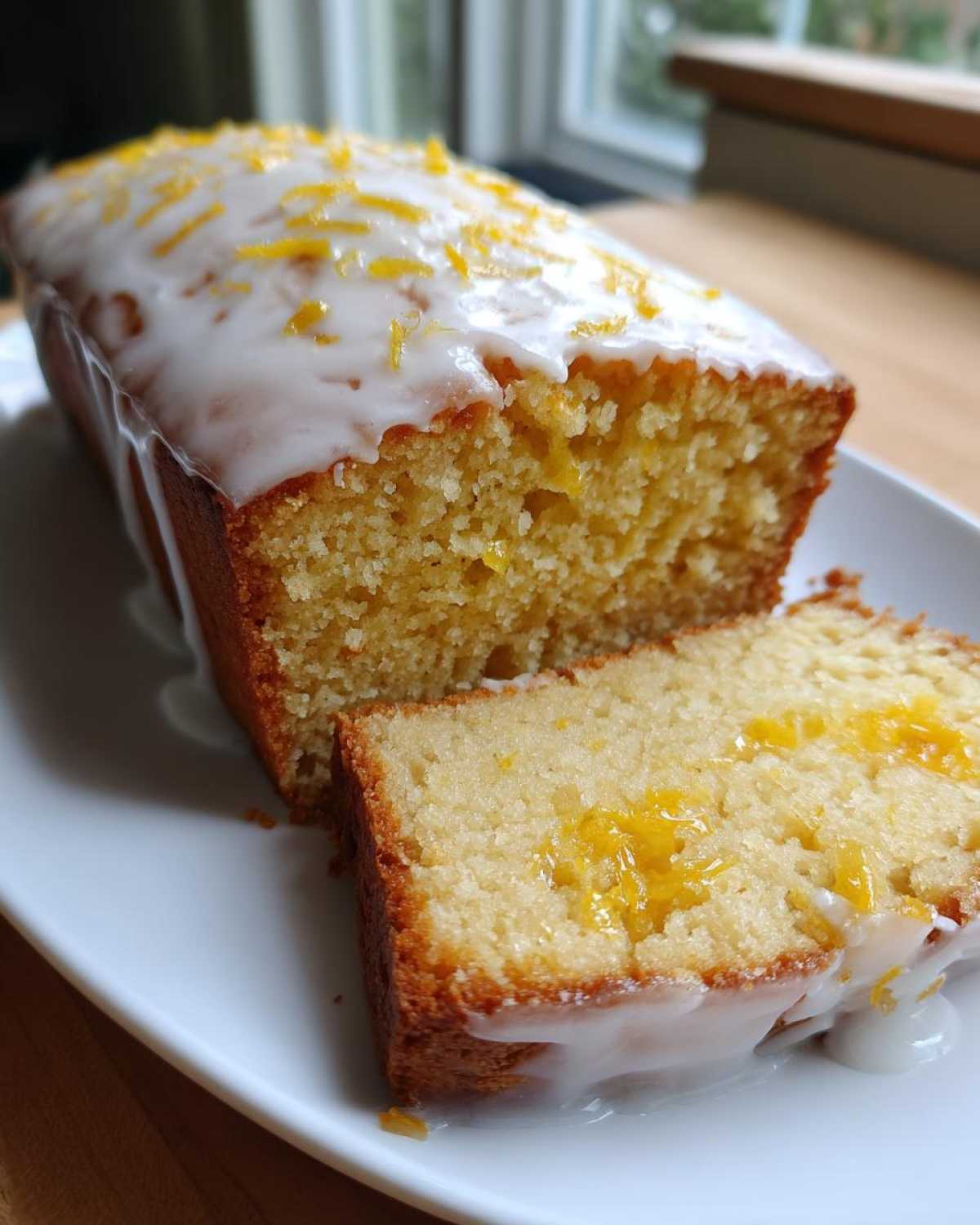 A moist lemon loaf cake, partially sliced, topped with white glaze and fresh lemon zest.