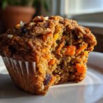 Close-up of a moist morning glory muffin with a bite taken out, revealing carrots, nuts, and raisins inside.