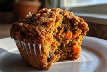 Close-up of a moist morning glory muffin with a bite taken out, revealing carrots, nuts, and raisins inside.