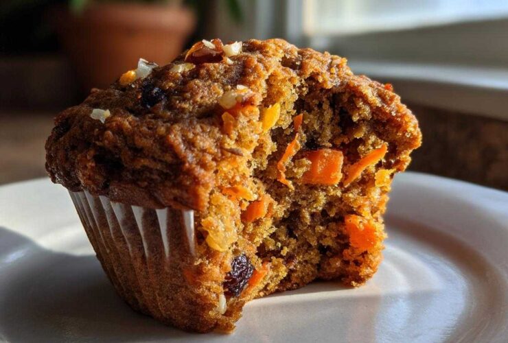 Close-up of a moist morning glory muffin with a bite taken out, revealing carrots, nuts, and raisins inside.