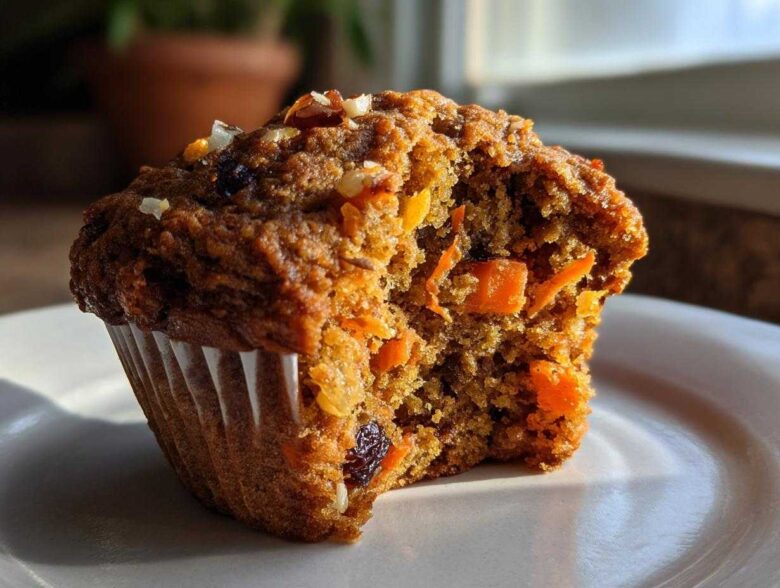 Close-up of a moist morning glory muffin with a bite taken out, revealing carrots, nuts, and raisins inside.