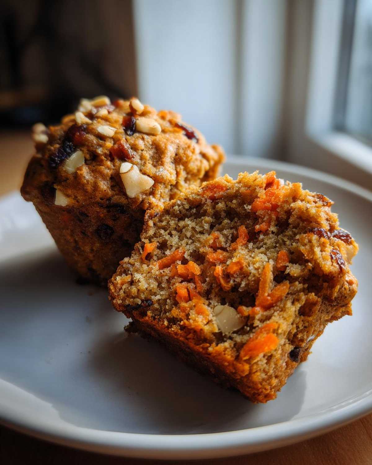 Close-up of a moist morning glory muffin cut in half, showing shredded carrots and nuts inside.