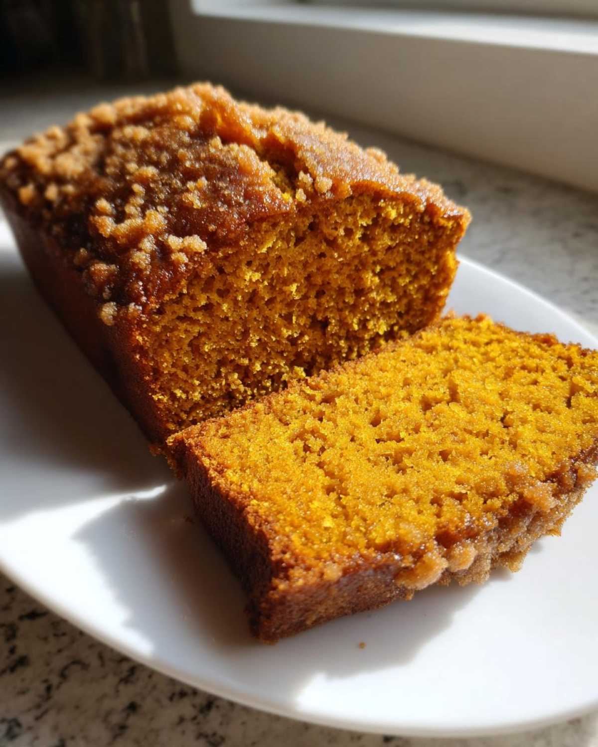 Close-up of a thick slice of moist pumpkin bread with a dark, sugary crumb topping.